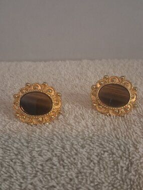 Vintage 1960s DANTE Tiger's Eye Cufflinks Gold-Tone Filigree Statement Links